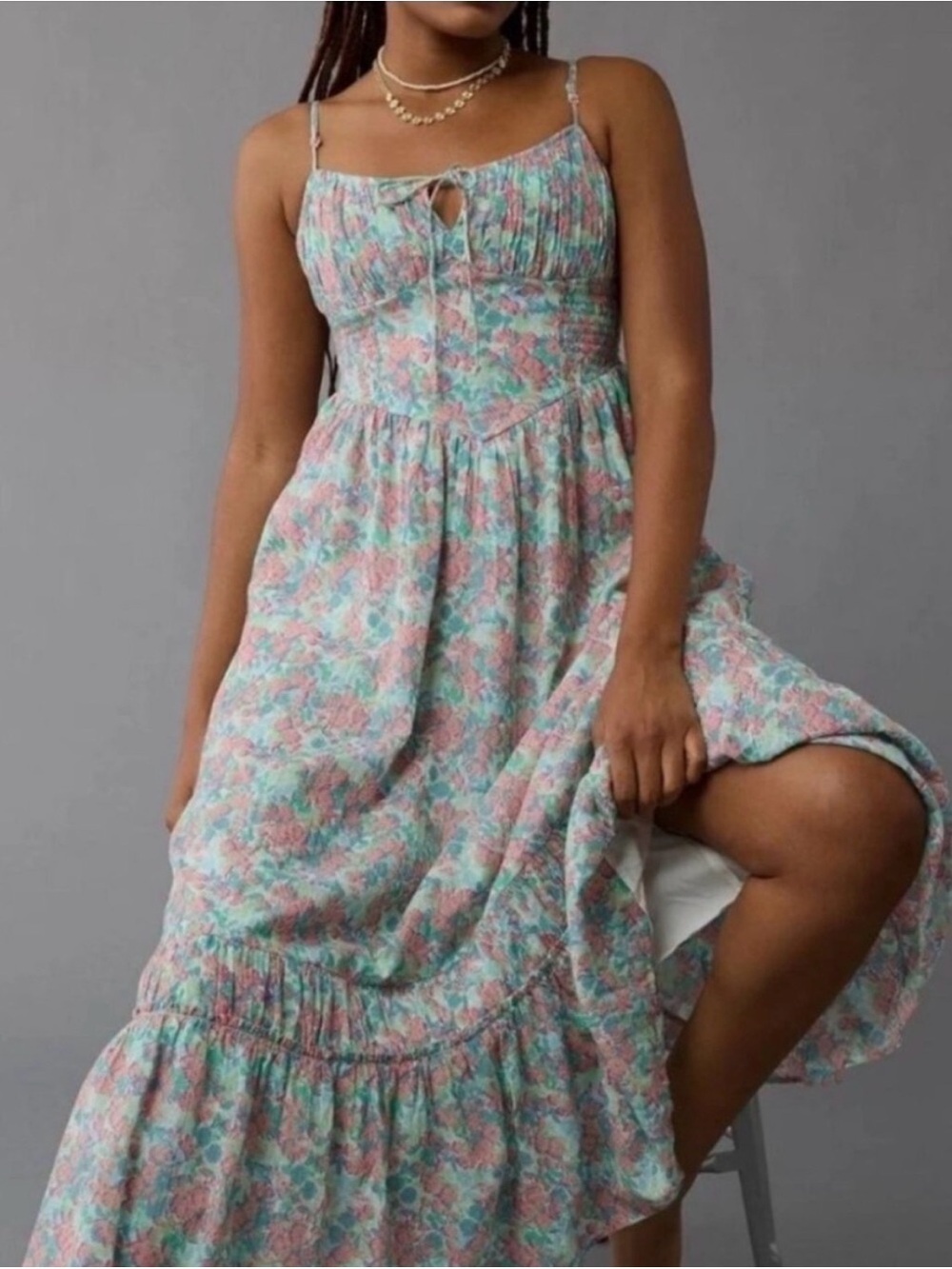 American Eagle Sleeveless Maxi Summer Dress Milkmaid Tie Smocked Size XL
